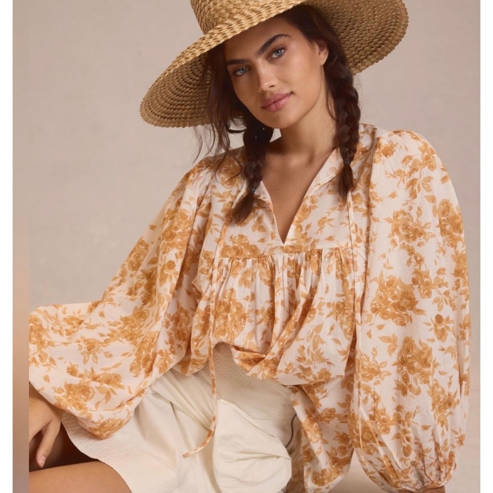 Mille Anthropologie The Charlie Top XXS Ivory/Mustard Floral Print Puff Sleeve